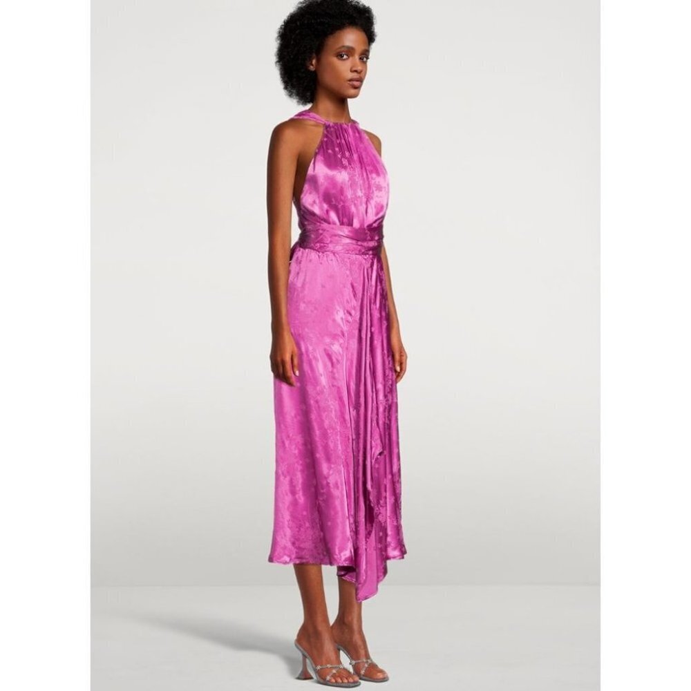 NWT SABINA MUSAYEV Satin Midi Dress  Pink Floral embossed Barbiecore L - Picture 3 of 5